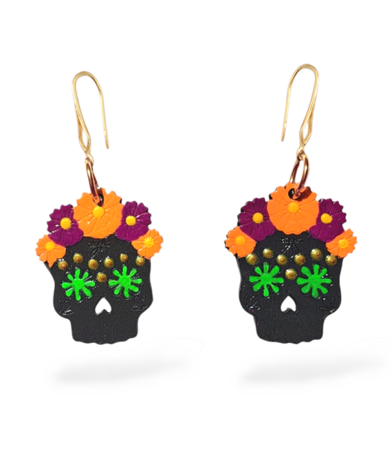 ARETES CALAVERA FLORES NEGRO