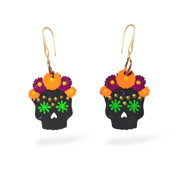ARETES CALAVERA FLORES NEGRO