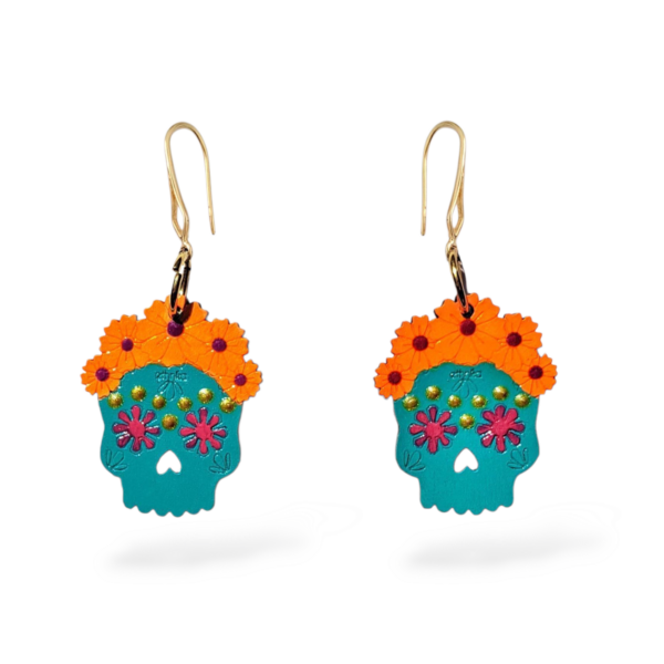 ARETES CALAVERA FLORES TURQUESA