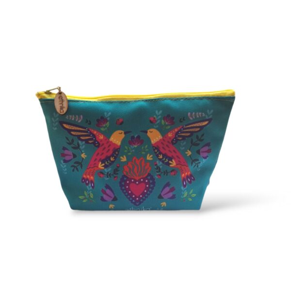 Bolsa artesanal verde turquesa con detalles de colibrís y flores